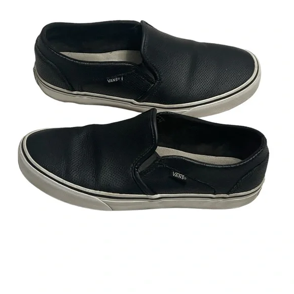 Vans | Shoes | Vans Black Leather Slip Ons Womans | Poshmark